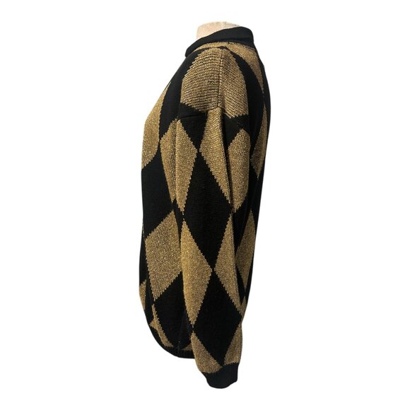Vintage Alfred Dunner Black & Gold Argyle Knit Sweater | Made in USA | XL | Lure - Picture 4 of 11
